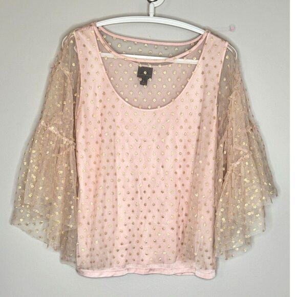 Pink Gold Polka Dot Sheer Bell Sleeve Romantic Fairy Fairycore top L - Picture 2 of 7